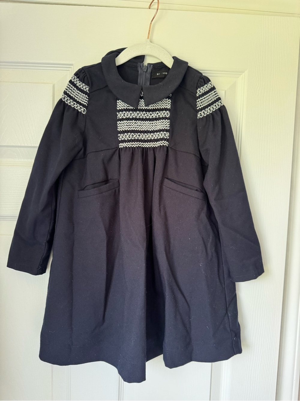 BAMBOO Navy Dress with White Smocked Detail